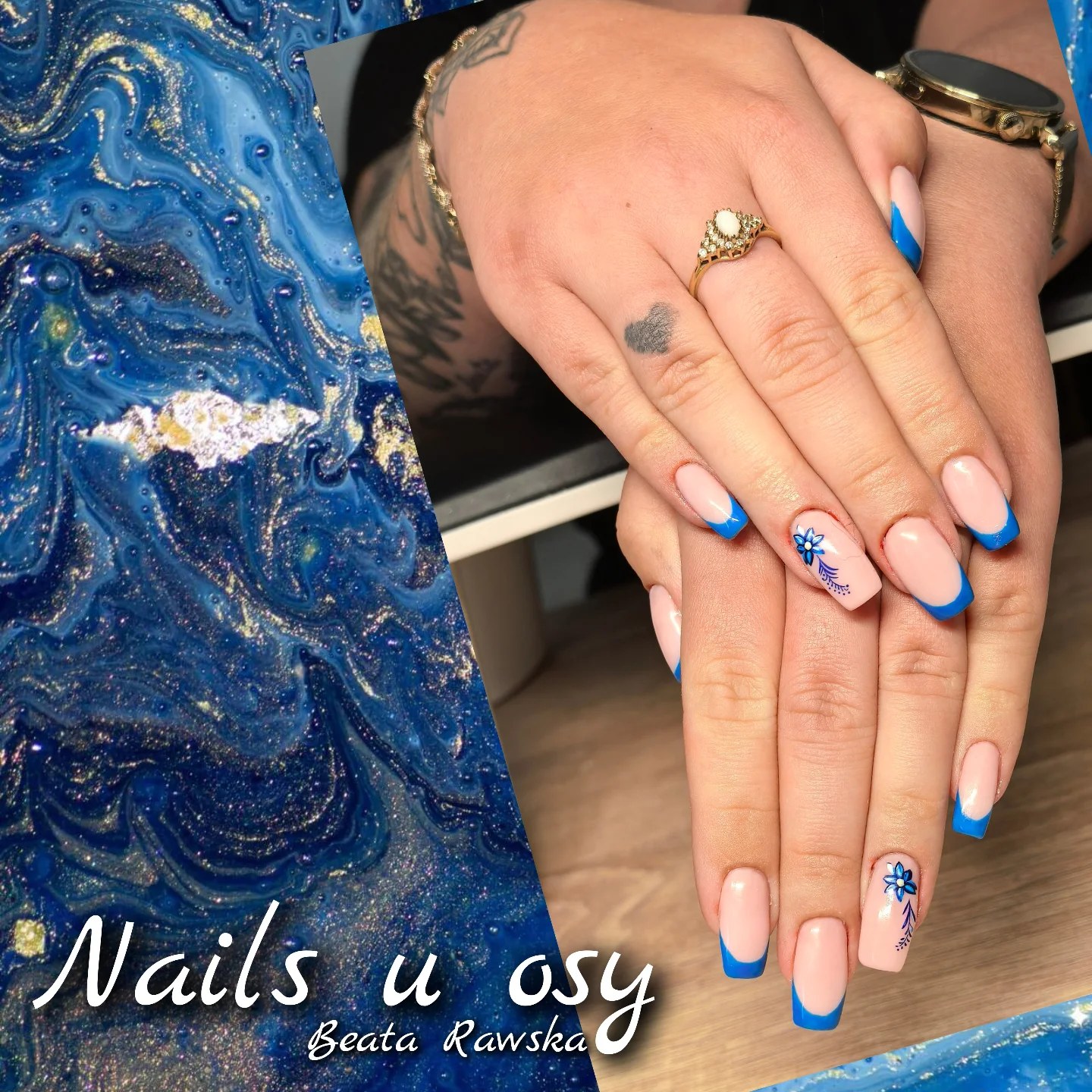 Manicure francuski w kolorze niebieskim z kwiatami